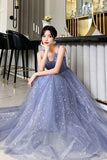 Unique Sparkle Straps Tulle Prom Dresses A Line Sleeveless Evening Dresses N2101