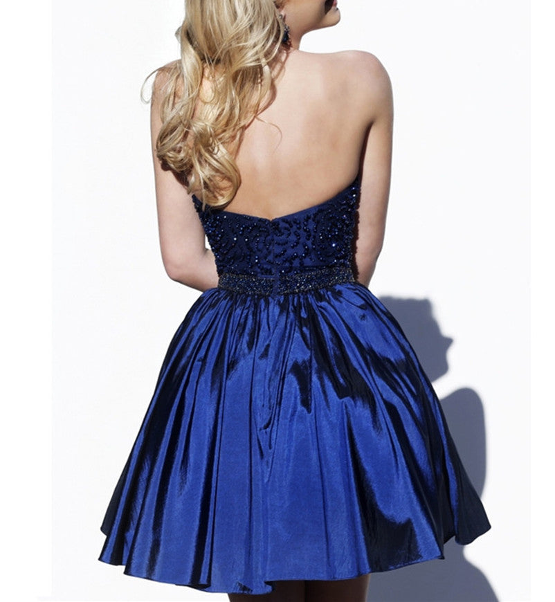 Royal Blue Beading Halter Short Backless Satin Homecoming Dresses