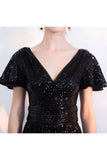 Black Sparkly Sequined Evening Dresses with Short Sleeves Long Prom Dresses with Pleats N1420