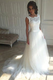 White Scoop Sleeveless Tulle Sweep Train Beach Wedding Dress with Lace Top,Bridal Gown,N387