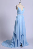 Sexy Sky Blue V-Neck Spaghetti Straps Pleated Long Prom Dresses