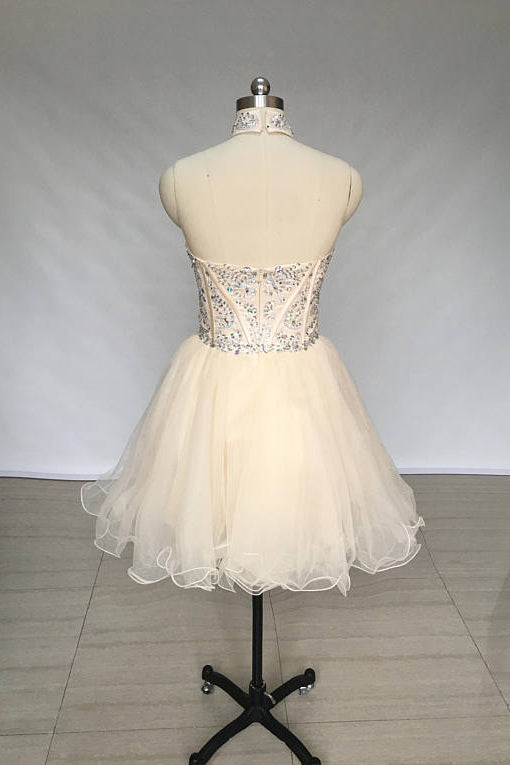 A Line High Neck Tulle Beaded Mini Homecoming Dresses N908