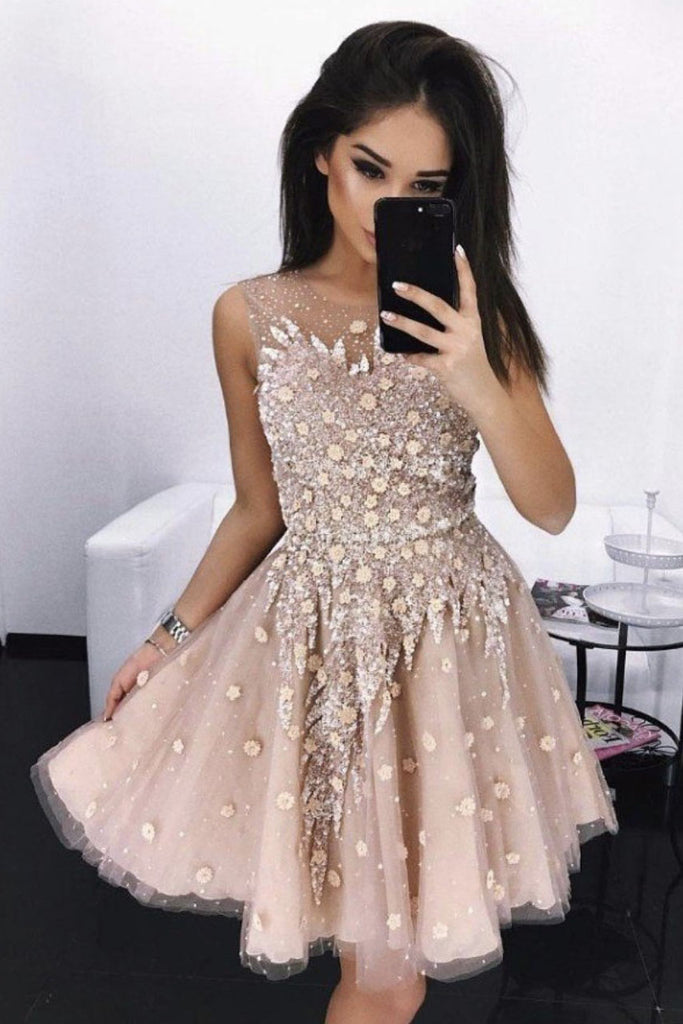 A Line Round Neck Tulle Beading Homecoming Dresses N1525