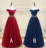 Off the Shoulder Tulle Long Prom Dresses with Rhinestones Burgundy Formal Dresses N1544