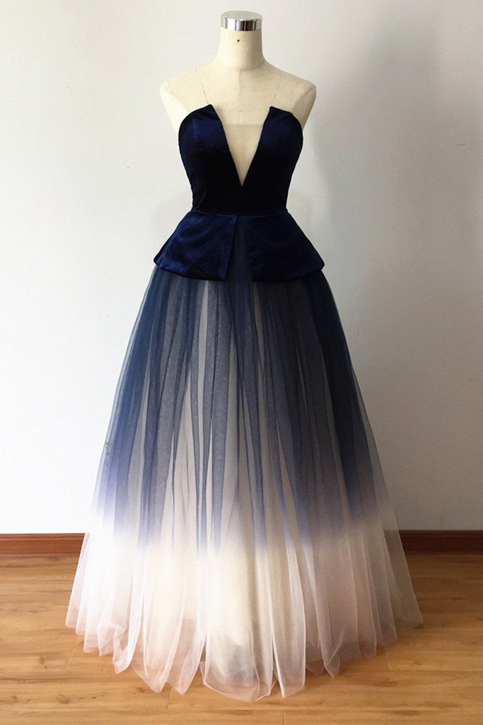 Ombre Blue Tulle Long Prom Dress, New Style Strapless Long Evening Dress N1661