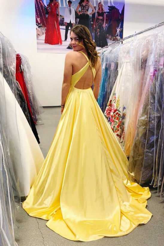 Yellow Deep V-Neck Sleeveless Split Sweep Train Prom Dresses Long Formal Dresses with Slit N1710