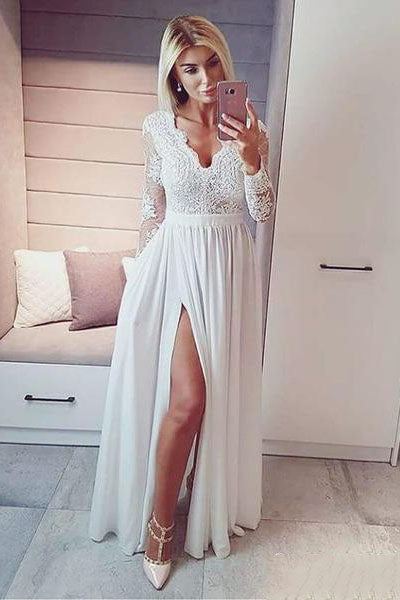 Royal Blue V Neck High Split Lace Prom Dresses With Long Sleeves