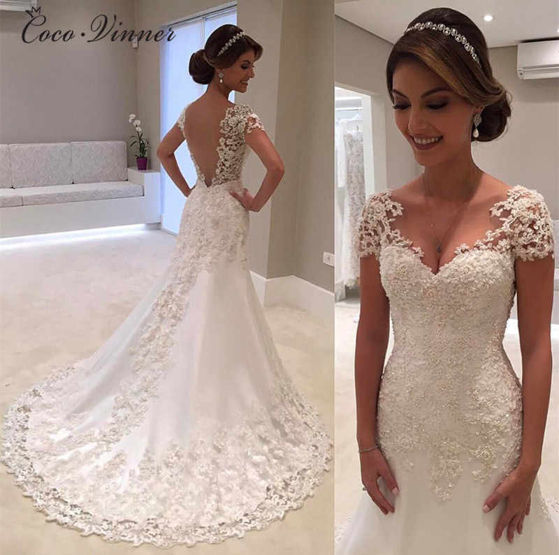 White Lace Appliques Wedding Dresses with Short Sleeves Long Tulle Bridal Dresses with Lace N1569