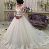 Long Sleeves Ball Gowns Lace Vestido de Noiva CustomizedTulle Wedding Dresses With Beaded Sash