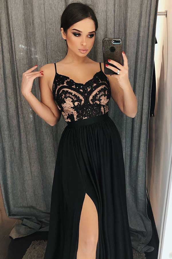 A-Line Spaghetti Straps Floor-Length Black Prom Dresses with Lace Split N1486