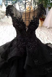 Gorgeous Cap Sleeves Beaded Black Ball Gown Wedding Dresses