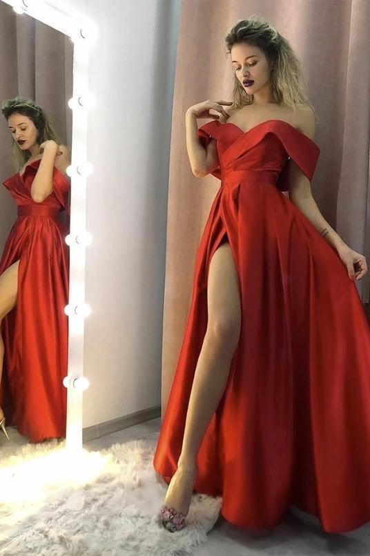 Sexy Red Satin Long Side Slit Off Shoulder Prom Dress, Simple Evening Dress N2629