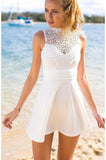 White Lace Top Homecoming Dress,Mini Dress,Short High Neck Sleeveless Prom Dress,N171