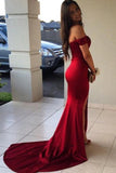 Red Off the Shoulder Split Mermaid Prom Dresses Long Formal Dresses with Slit N1685