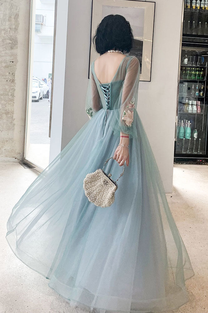Long Sleeves Appliqued Tulle Prom Dresses Floor Length Appliques Evening Dresses N2324