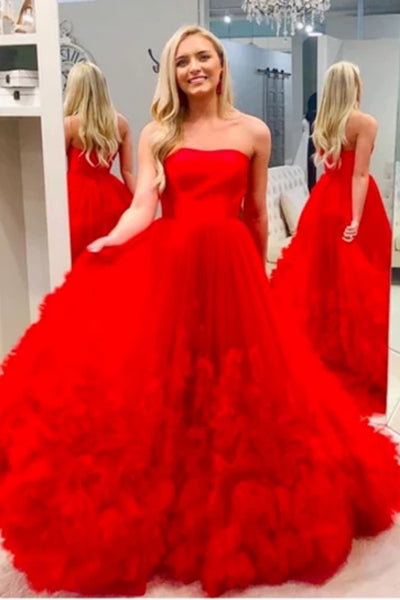 Red Strapless Tulle Prom Dresses A Line Long Prom Dresses With Train N2440