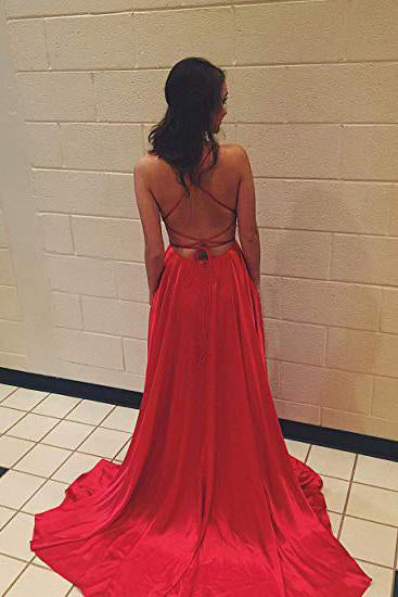 Simple Red Spaghetti Strap Formal Dresses with Pockets Sexy Long Prom Dresses N1615