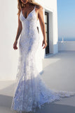 Spaghetti Strap V-Neck Mermaid Prom Dresses Sexy Backless Lace Beach Wedding Dresses N1387