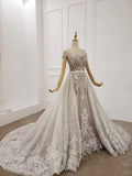 Gorgeous Sheer Neck Long Train Wedding Dresses Sparkly Short Sleeves Prom Dresses N2636