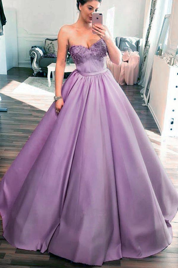 Lilac Sweetheart Ball Gown Puffy Floor Length Quinceanera Dresses Applique Prom Dresses N1458