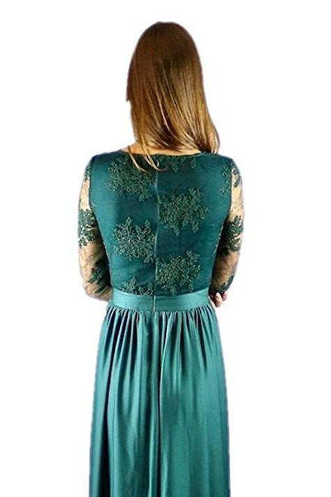 Royal Blue V Neck High Split Lace Prom Dresses With Long Sleeves