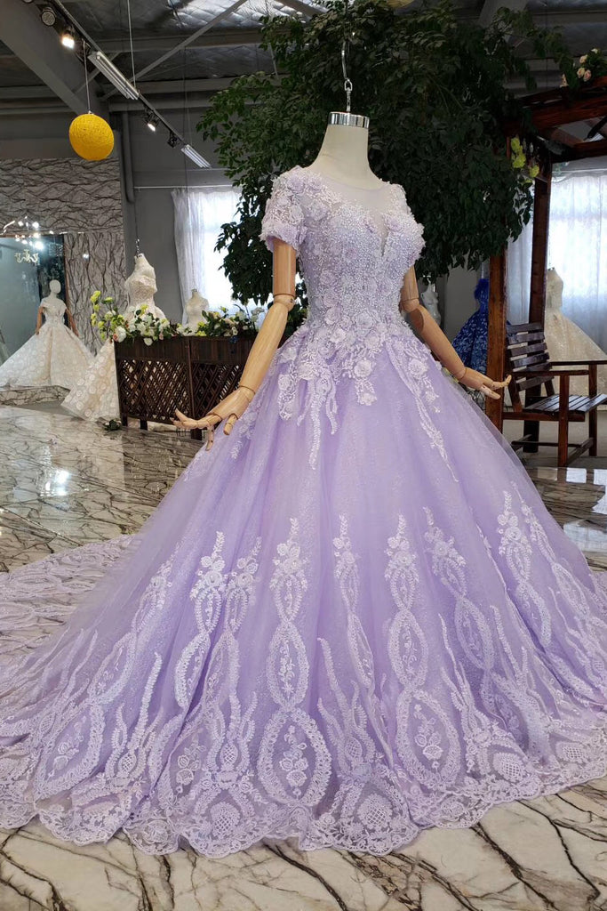 Gorgeous Lilac Ball Gown Short Sleeves Prom Dresses with Sheer Neck