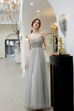 Light Gray Straps Floor Length Tulle Prom Gowns A Line Long Party Dresses N2662