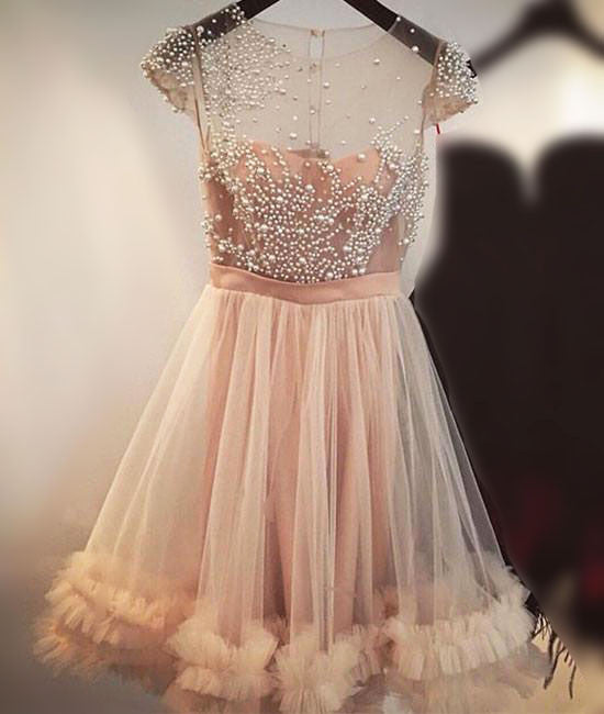 A Line Jewel Cap Sleeves Tulle Short Homecoming Dresses Beading Short Prom Dresses N236