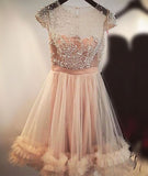 A Line Jewel Cap Sleeves Tulle Short Homecoming Dresses Beading Short Prom Dresses N236