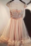 Fashion A-Line Jewel Cap Sleeves Tulle Short Homecoming Dress,Beading Short Prom Dress,N236