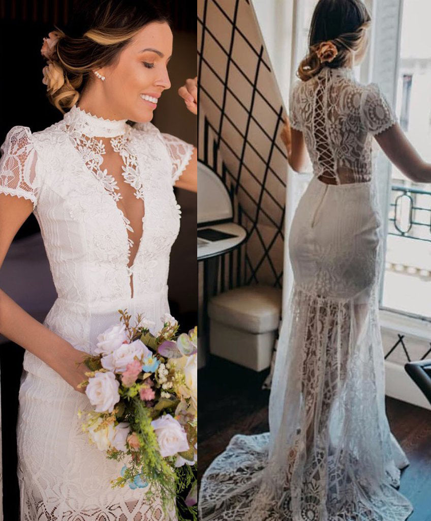 Vintage High Neck Lace Wedding Dresses with Short Sleeves See Through Bridal Dresses N1786
