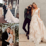 Gorgeous V-Neck Long Sleeves Lace Appliques Wedding Dresses with Train N2373