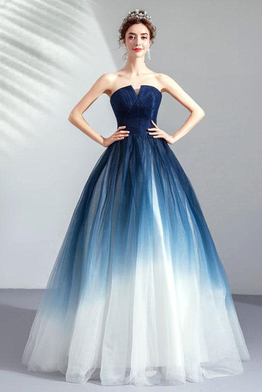 Ombre Tulle Strapless A Line Floor Length Elegant Prom Dresses N1700