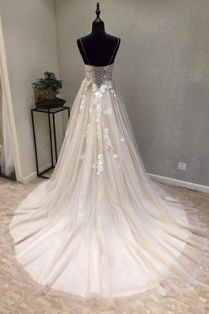 A Line Spaghetti Strap Simple Wedding Dresses with Appliques Boho Beach Wedding Dresses N1639