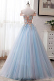 Light Blue Off The Shoulder Tulle Puffy Prom Dresses with Appliques