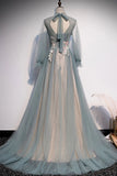 A Line Long Sleeves Tulle Prom Dresses with Floral Appliques