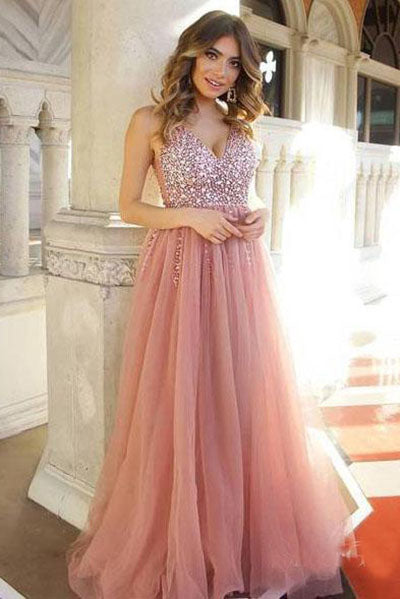 Shiny V Neck Tulle Long Prom Dresses, A Line Sleeveless Sequins Party Dress N1495