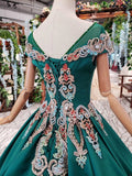 Green Ball Gown Appliqued Prom Dresses with Short Sleeves Long Quinceanera Dresses with Beading N1640