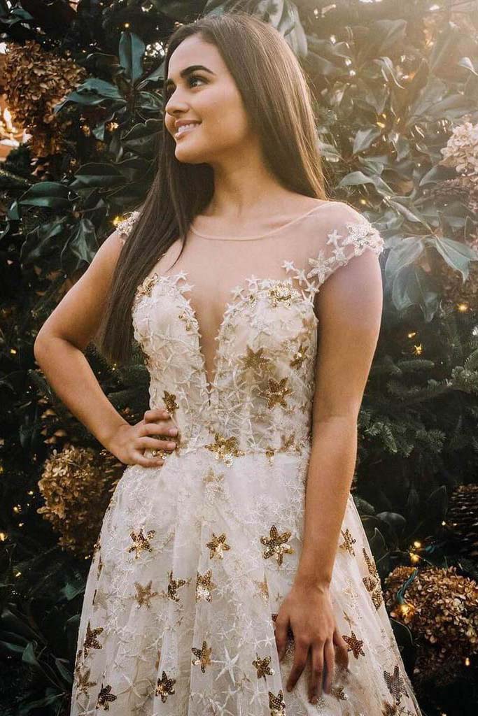 A Line Cap Sleeve Sheer Neck Prom Dress With Gold Stars