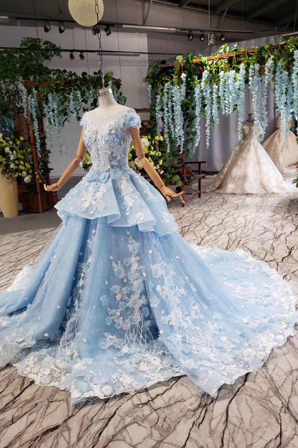 Light Sky Blue Gorgeous Prom Dresses with Flowers Ball Gown Quinceanera Dresses with Beads N2197