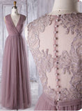 Dark Mauve Tulle Prom Dresses Neck Maxi Dresses A Line Illusion Evening Dresses N1624