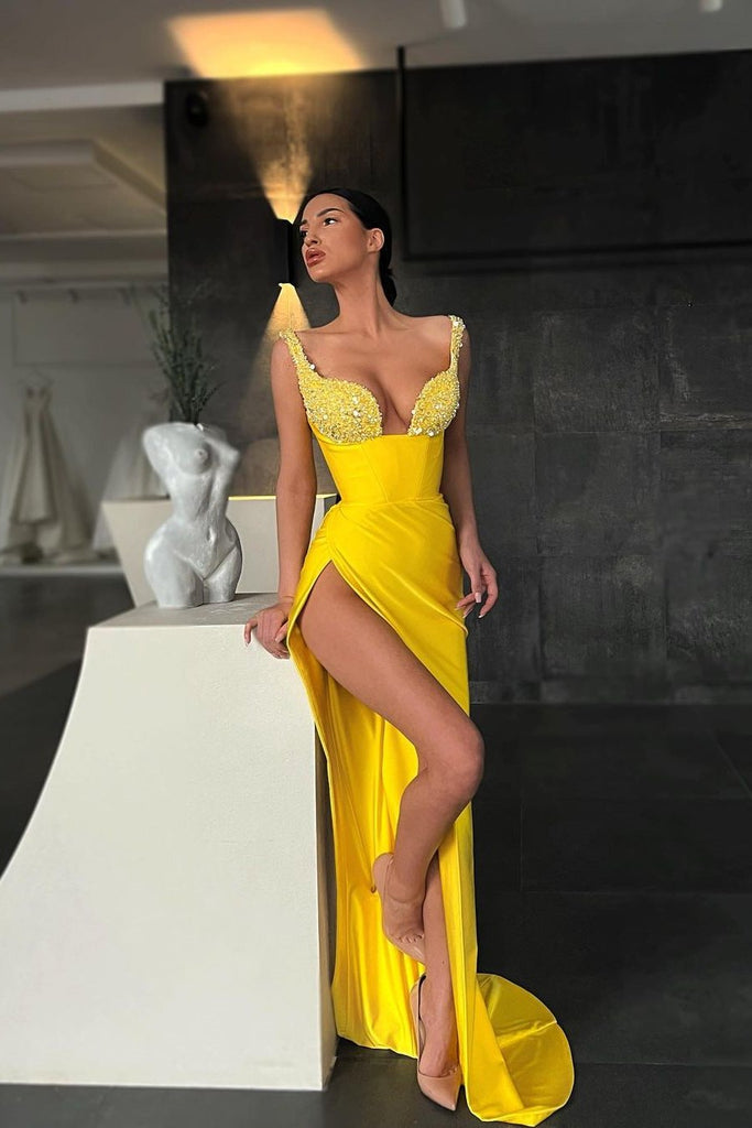 Party Dresses Mermaid Sexy Yellow Sequins Straps Prom Dresses With Slit PD0445