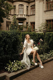 Cute Satin Short Wedding Dresses with Lantern Sleeves N068