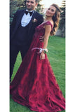 A Line V-Neck Sleeveless Appliques Prom Dresses Dark Red Popular Evening Dresses N1273