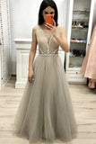 Deep V Neck Sleeveless Floor Length Prom Dress with Beading, A Line Tulle Long Dress N2624