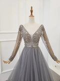 A Line V-Neck Long Sleeves Tulle Gray Prom Dresses with Beading Party Dresses N2578