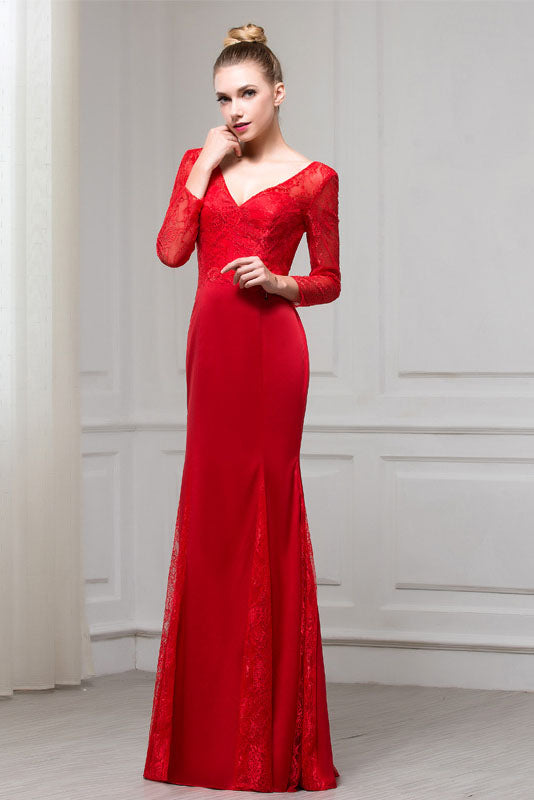 Red Long Sleeves V-Neck Mermaid Floor Length Evening Dresses with Lace ...