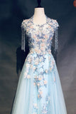 Unique Light Blue Beading Cap Sleeves Beading Applique Prom Dresses N1955