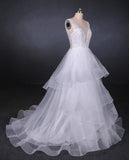 Unique V-Neck Sleeveless Tulle Wedding Dresses Asymmetrical Long Bridal Dresses N2290