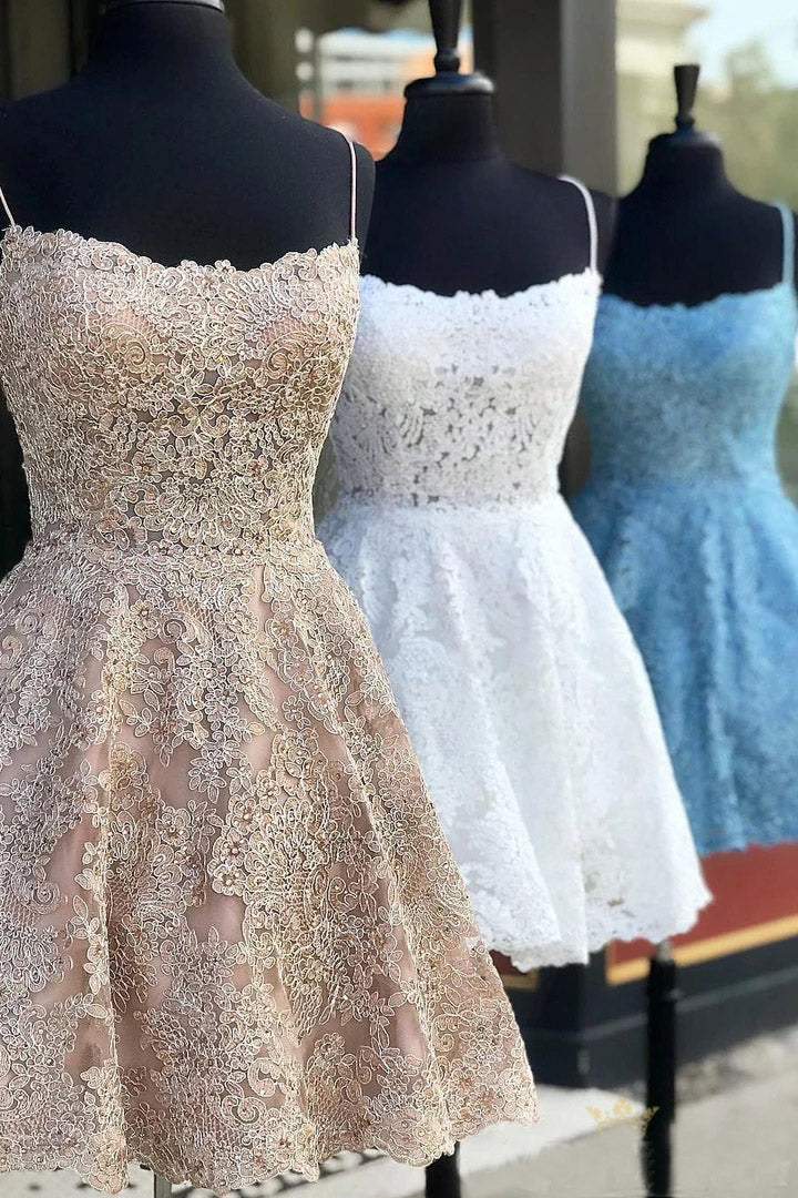 A Line Spaghetti Straps Lace Homecoming Dress N2098